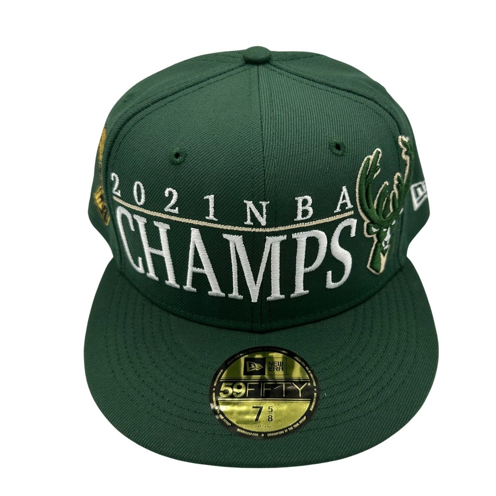 New Era Milwaukee Bucks 2021 NBA Champs Hat 7 5/8 Green Excellent Fitted Cap